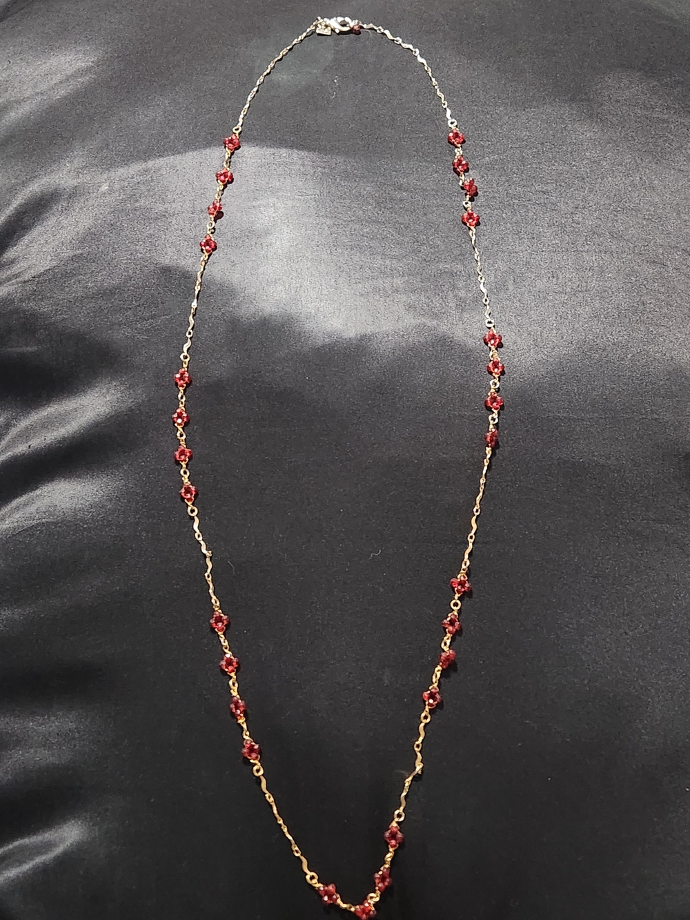 ​Cookie Lee Vintage Red Crystal Flower Station Necklace Long Two Tone